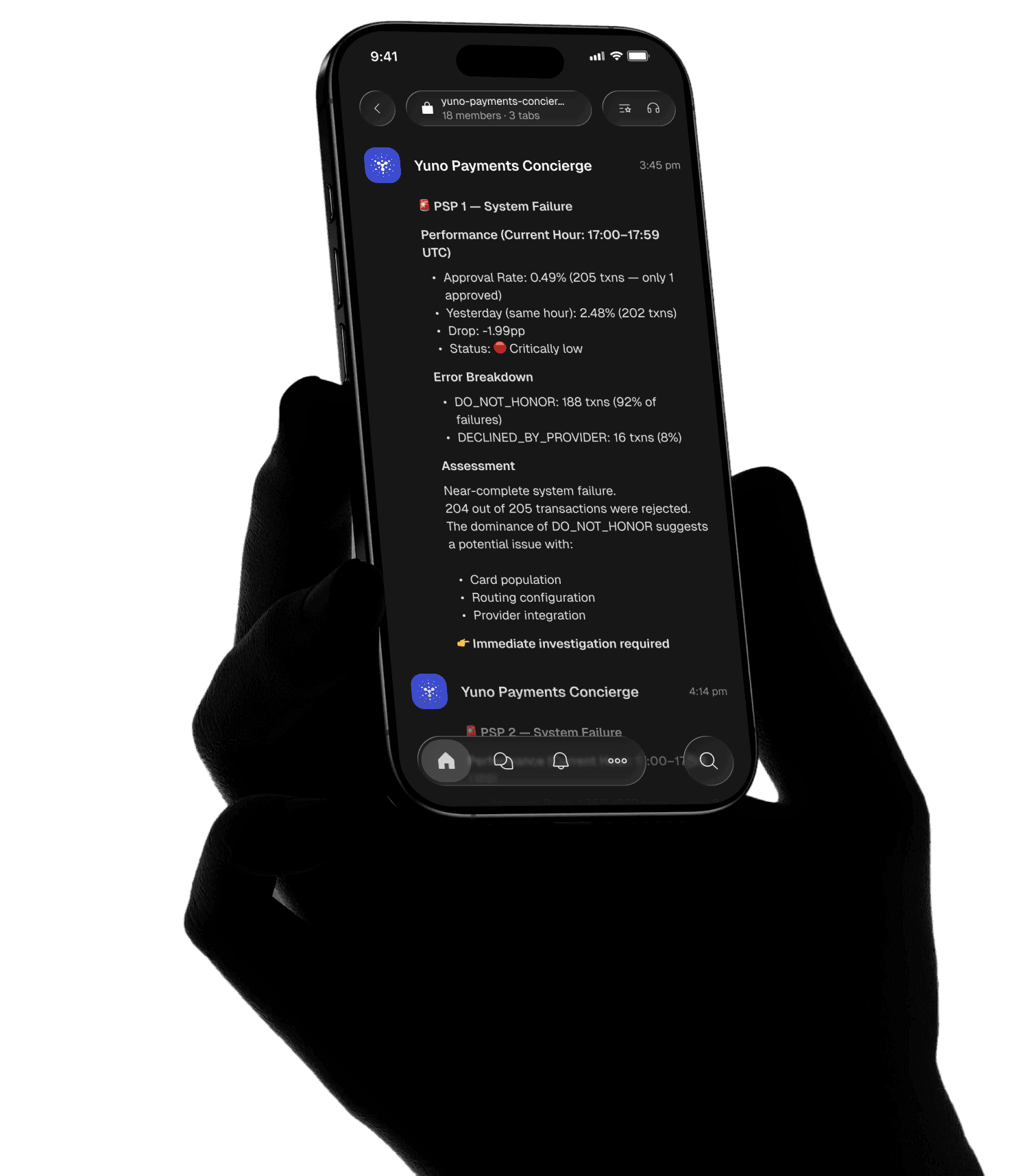 Smartphone mostrando alertas de pagos con IA en Slack